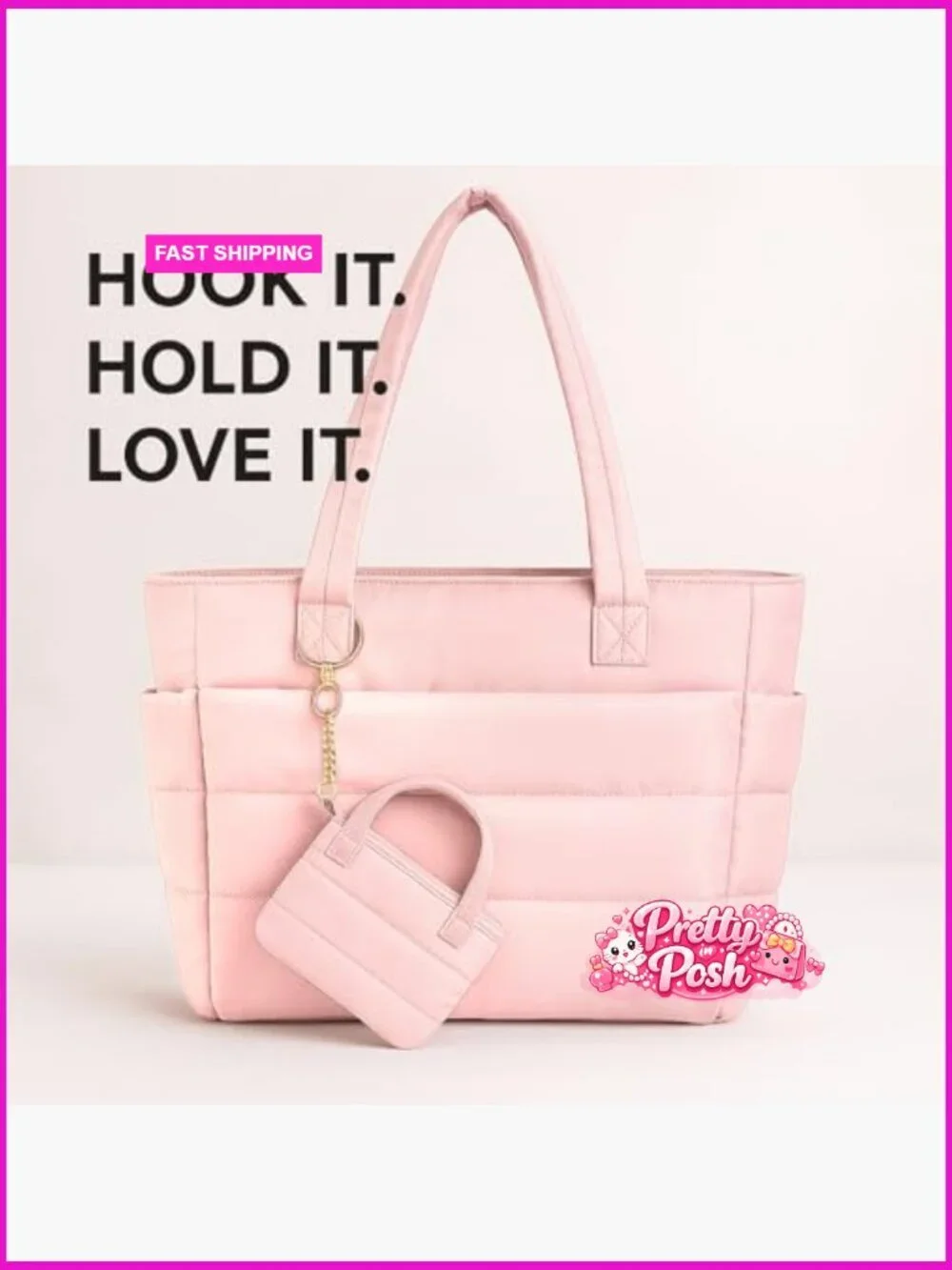 Mini Puffer Tote Bag Keychain with Gold Heart Charm, Quilted Polyester